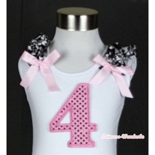 White Tank Top With 4th Sparkle Light Pink Birthday Number Print With Damask Ruffles& Light Pink Bows TB248 